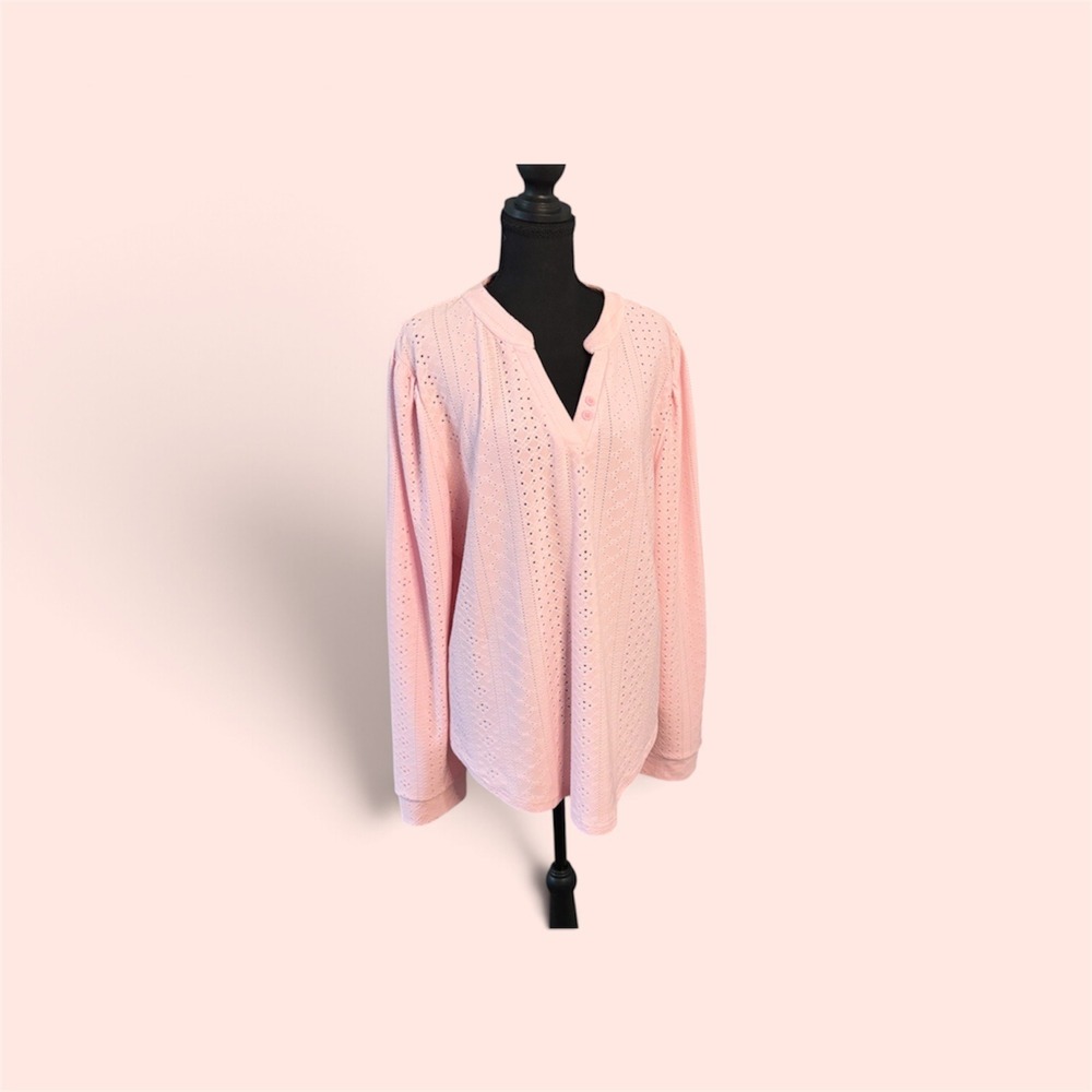 Zolucky XXL Pink Eyelet Blouse NWOT Split V Neck Long Sleeve Tunic Top